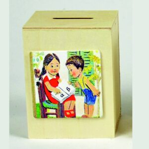 ξύλινος κουμπαράς 7,5 x 6,5 x 10 cm με τυπωμένη παράσταση σε ξύλο